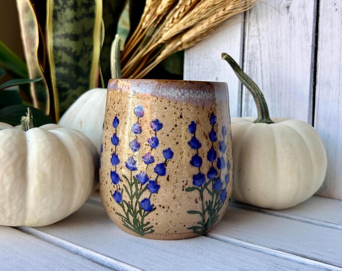 10oz, 14oz, 16oz or 18oz Wheel-Thrown, Hand Painted Lavender, Stemless Wine Glass, Speckled Brown Stone Clay, Ceramic Wine Glass