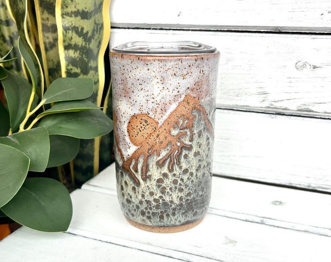14oz Handmade Ceramic Mountain Tumbler with travel lid, Blue Rain and Sepia