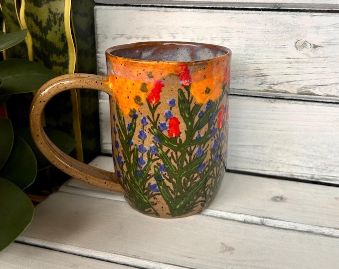 16oz Mountain wildflower Mug, Lavender, Prairie-fire flower and goldenrod, Hand painted on speckled brown stone clay
