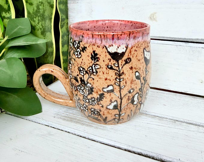 16oz Handmade Black and White Floral Coffee Mugs on Speckled Brown Stone, Each Unique
