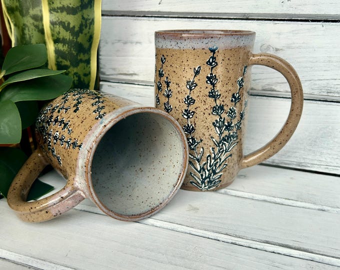 Handmade Lavender Floral Mug: Speckled Brown Stone Coffee Cup