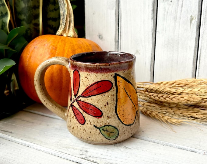 14oz Handmade, Hand Painted Autumn Leaves Mug On Speckled Brown Stone