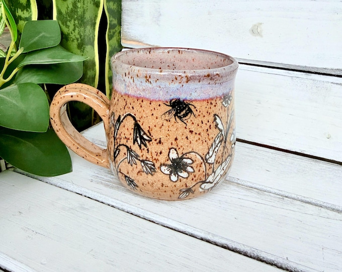 14oz Handmade Black and White Floral Coffee Mugs on Speckled Brown Stone, Each Unique