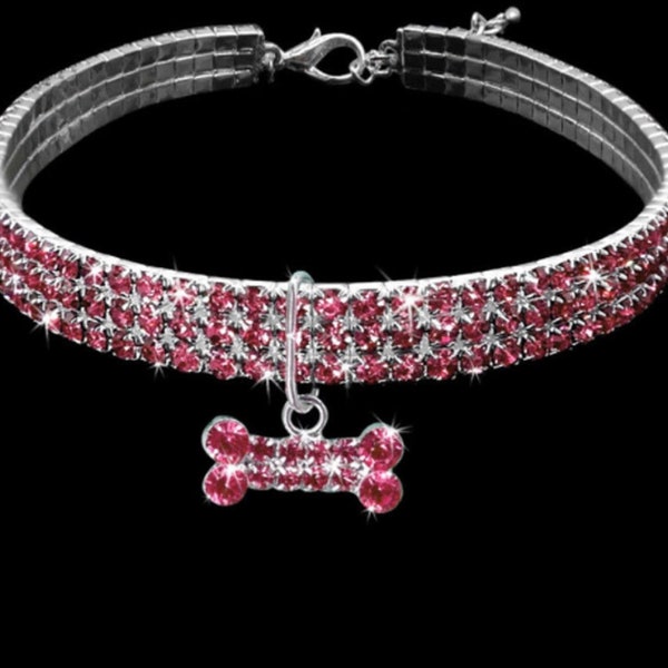 Crystal diamanté luxury sparkly dog cat bone stretchy pink collar necklace small medium large dog yorkie chihuahua mini pinscher cockerpoo