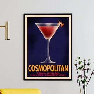 Cosmopolitan Cocktail Poster, Vintage Style Cosmopolitan Print, Cocktail Wall Art, Kitchen Wall Decor