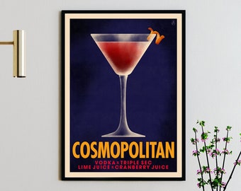 Poster del cocktail Cosmopolitan, stampa Cosmopolitan in stile vintage, decorazione murale del cocktail, decorazione murale della cucina