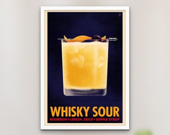 Whisky Sour Cocktail Poster, Vintage Style Bourbon Cocktail Print, Retro Bar Art, Whisky Wall Art