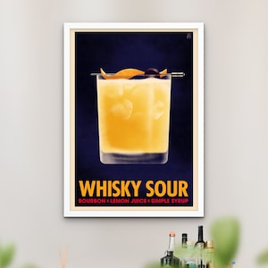 Plakat Whisky Sour Cocktail, Wydruk koktajlu Bourbon w stylu vintage, Sztuka baru retro, Sztuka ścienna Whisky
