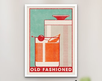 Large Old Fashioned Cocktail Poster, Vintage Style Old Fashioned Print, Retro Cocktail Wall Art, Unique Home Bar Decor, Rustic Wall Art