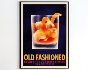 Old Fashioned Cocktail Poster, Vintage Style Cocktail Print, Cocktail Wall Art, Bar Cart Decor