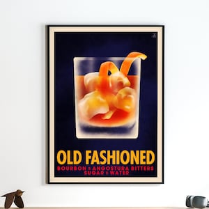 Old Fashioned Cocktail Poster, Vintage Style Cocktail Print, Cocktail Wall Art, Bar Cart Decor