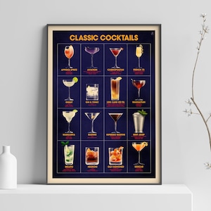 Klasyczny plakat z koktajlami - idealny do wózków barowych, wydruk przepisów na koktajle w stylu vintage, sztuka ścienna w stylu retro z koktajlami, wystrój salonu koktajlowego