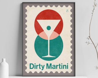 Dirty Martini Stamp Print with Rustic Texturing, Vintage Style Martini Cocktail Print, Unique Cocktail Wall Art, Home Bar Gift