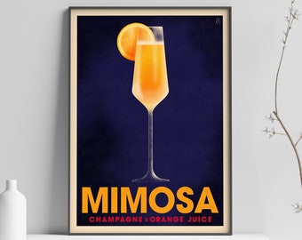 Mimosa Cocktail Poster, Vintage Style Cocktail Print, Champagne Drink Bar Art, Classic Cocktail Decor