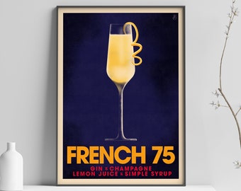 French 75 Cocktail Poster, Vintage Style Cocktail Print, Retro Bar Art, Classic Cocktail Decor