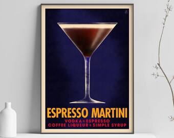 Pode incluir: Um pôster de estilo vintage com um fundo azul escuro que apresenta uma taça de martini cheia de um líquido marrom escuro. O texto "Espresso Martini" está em amarelo com os ingredientes listados em vermelho e branco abaixo.