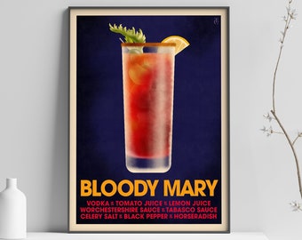 Bloody Mary Cocktail Poster, Vintage Style Cocktail Print, Retro Bar Art, Classic Cocktail Decor