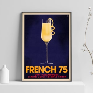 French 75 Cocktail Poster, Vintage Style Cocktail Print, Retro Bar Art, Classic Cocktail Decor