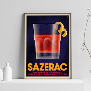Sazerac Cocktail Poster, Vintage Stil Cocktail Druck, Whisky Cocktail Wandkunst, Absinth Bar Cart Decor