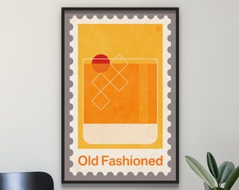 Old Fashioned Cocktail Print with Vintage Texturing, Retro Style Old Fashioned Cocktail Poster, Minimal Cocktail Wall Art