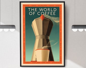 Kaffets värld, art déco-kaffeposter, väggkonst med kaffestation, mokakanna-poster, kökskonst i vintagestil
