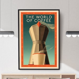 World of Coffee Poster, Art Deco Kaffee Poster, Kaffee Station Wandkunst, Mokka Kanne Poster, Vintage Stil Küchenkunst