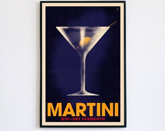 Martini Cocktail Poster, Vintage Style Cocktail Print, Cocktail Wall Art, Kitchen Wall Decor