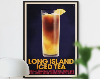 Long Island Iced Tea Cocktail Poster, Vintage Style Cocktail Print, Cocktail Wall Art, Bart Cart Decor