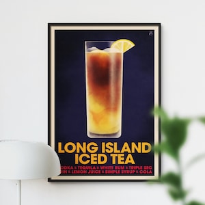 Long Island Iced Tea Cocktail Poster, Vintage Style Cocktail Print, Cocktail Wall Art, Bart Cart Decor