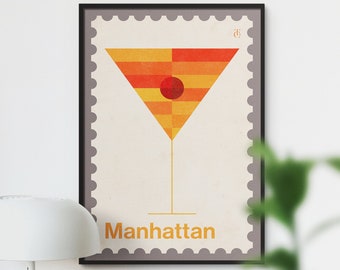Manhattan Cocktail Print, Vintage Style Cocktail Poster, Cocktail Wall Art, Manhattan Bar Cart Decor