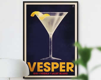 Vesper Cocktail Poster, Vesper Martini Vintage Style Print, Classic Cocktail Wall Decor, Stampa cocktail di lusso