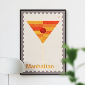 Impresión distintiva de cócteles de Manhattan, póster de cócteles de estilo vintage, arte de pared de cócteles, decoración del carrito de bar de Manhattan