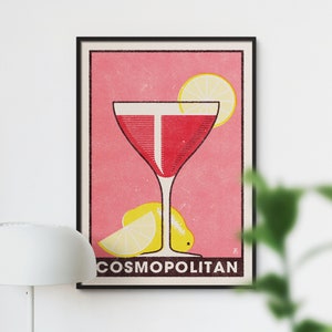 Plakat Cosmopolitan Cocktail, wydruk Cosmopolitan, sztuka ścienna Retro Cocktail, wyjątkowy wystrój domowego baru, sztuka ścienna Cosmo, klasyczny plakat Cocktail