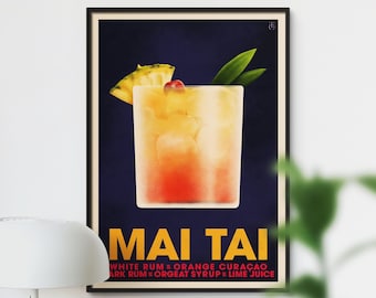 Mai Tai Cocktail Poster, Vintage Style Cocktail Print, Tiki Bar Decor, Classic Mixed Drink Art