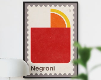 Negroni Stamp Print with Vintage Texturing, Retro Style Negroni Cocktail Poster, Minimal Bar Cart Wall Art, Cocktail Lovers Gift