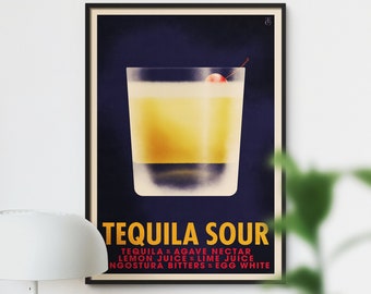 Tequila Sour Cocktail Poster, Vintage Tequila Cocktail Print, Retro Bar Art, Classic Cocktail Decor