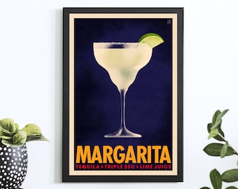 Póster de cóctel margarita, impresión de cóctel estilo vintage, arte mural de cócteles, decoración de pared de cocina