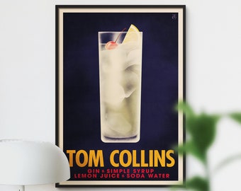 Tom Collins Cocktail Poster, Vintage Style Cocktail Print, Retro Bar Art, Classic Cocktail Decor