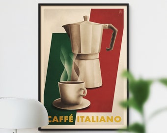 Póster de café italiano, impresión de café estilo vintage, anuncio de café retro, arte mural de cafetera moka, imagen de cocina espresso, decoración de estación de café