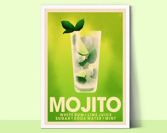 Mojito Cocktail Print, Cocktail Poster, Colorful Kitchen Art, Bar Cart Decor
