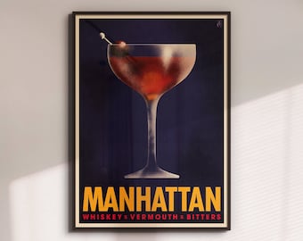 Manhattan Cocktail Poster, Vintage Style Cocktail Print, Kitchen Wall Decor