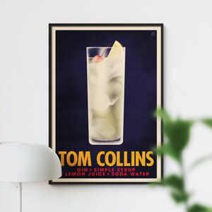 Tom Collins Cocktail Poster, Vintage Stil Cocktail Print, Retro Bar Kunst, Klassisches Cocktail Dekor