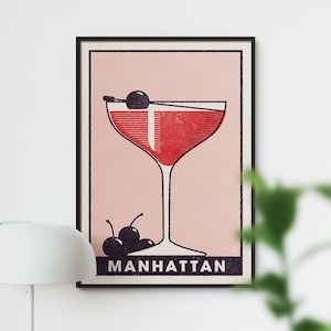 Premium Manhattan poster, vintage stijl Manhattan cocktail print, retro alcohol kunst aan de muur, uniek huisbar decor, rustiek bar kar decor.