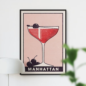 Premium Manhattan Poster, Vintage Style Manhattan Cocktail Print, Retro Alcohol Wall Art, Unique Home Bar Decor, Rustic Bar Cart Decor.