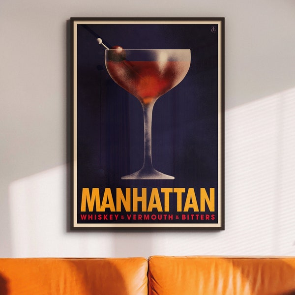 Manhattan Cocktail Poster, Vintage Style Cocktail Print, Kitchen Wall Decor