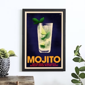 Mojito Cocktail Poster, Vintage Stil Cocktail Print, Cocktail Wandkunst, Bunte Wanddeko
