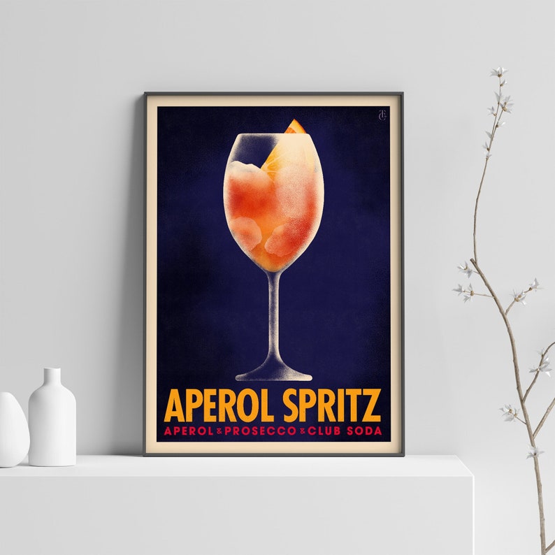 A vintage style poster of the classic Apersol Spritz cocktail garnished with a slice of orange.
