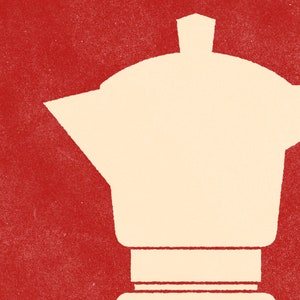 Pu&ograve; includere: Una silhouette bianca di una caffettiera su uno sfondo rosso.