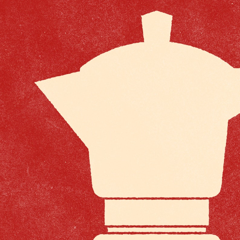 Pu&ograve; includere: Una silhouette bianca di una caffettiera su uno sfondo rosso.