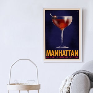 Pu&ograve; includere: Un poster in stile vintage con sfondo blu che presenta un bicchiere da cocktail pieno di una bevanda rossa e una ciliegia come guarnizione. Il testo "MANHATTAN" &egrave; in giallo con le parole "WHISKEY + VERMOUTH + BITTERS" in rosso sotto.
